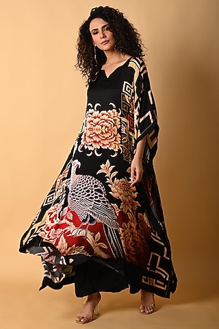 Black Satin Georgette Digital Printed Kaftan Set by Isadaa by Rotna Dutt