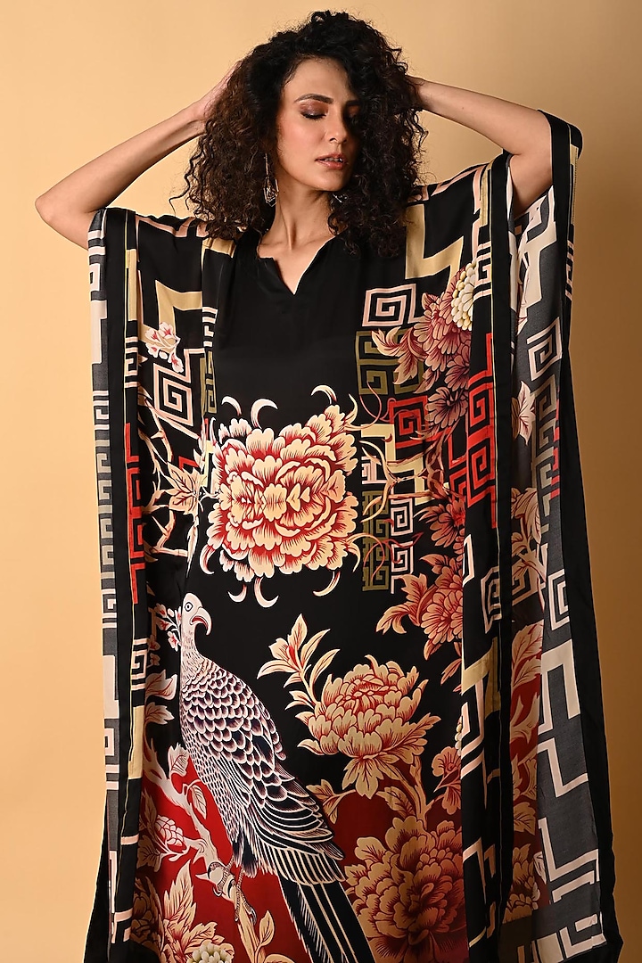 Black Satin Georgette Digital Printed Kaftan Set by Isadaa by Rotna Dutt at Pernia's Pop Up Shop