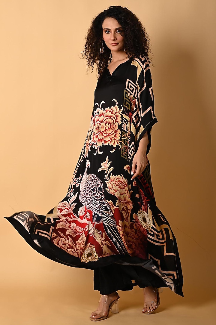 Black Satin Georgette Digital Printed Kaftan Set by Isadaa by Rotna Dutt at Pernia's Pop Up Shop