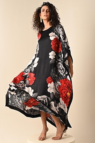 Black Satin Georgette Digital Printed Kaftan by Isadaa by Rotna Dutt