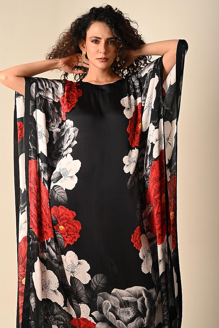 Black Satin Georgette Digital Printed Kaftan by Isadaa by Rotna Dutt at Pernia's Pop Up Shop