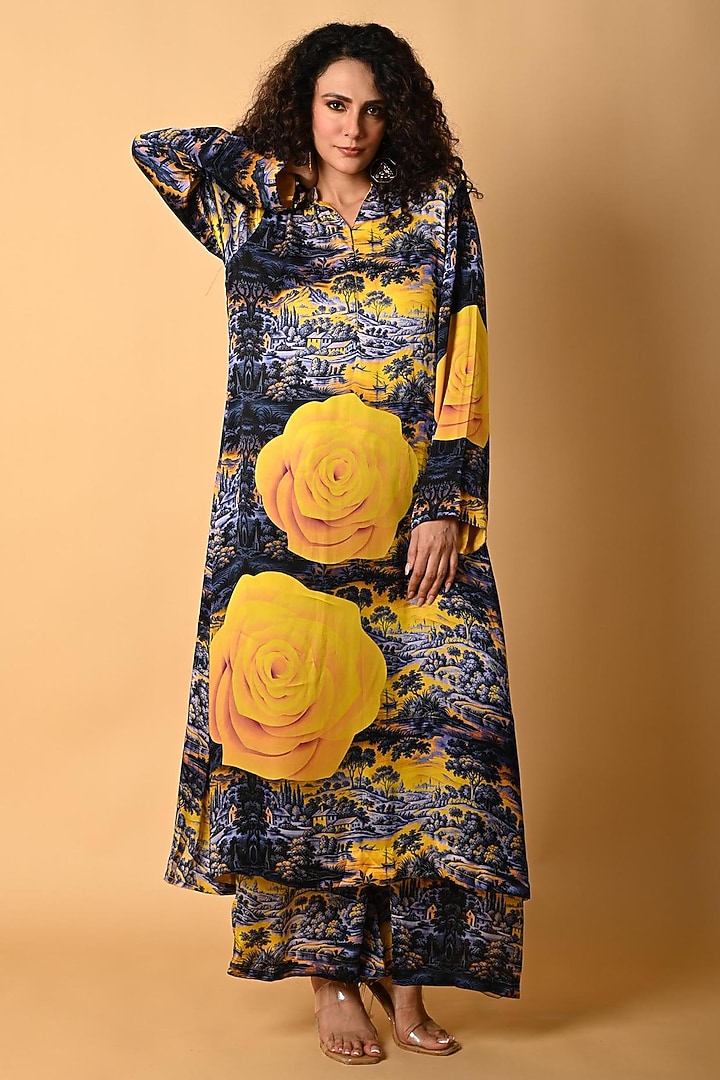 Blue Satin Georgette Digital Printed Kurta Set by Isadaa by Rotna Dutt at Pernia's Pop Up Shop