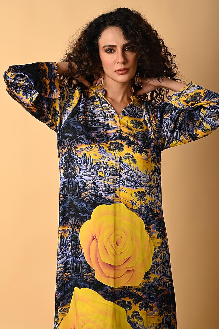 Blue Satin Georgette Digital Printed Kurta Set by Isadaa by Rotna Dutt at Pernia's Pop Up Shop