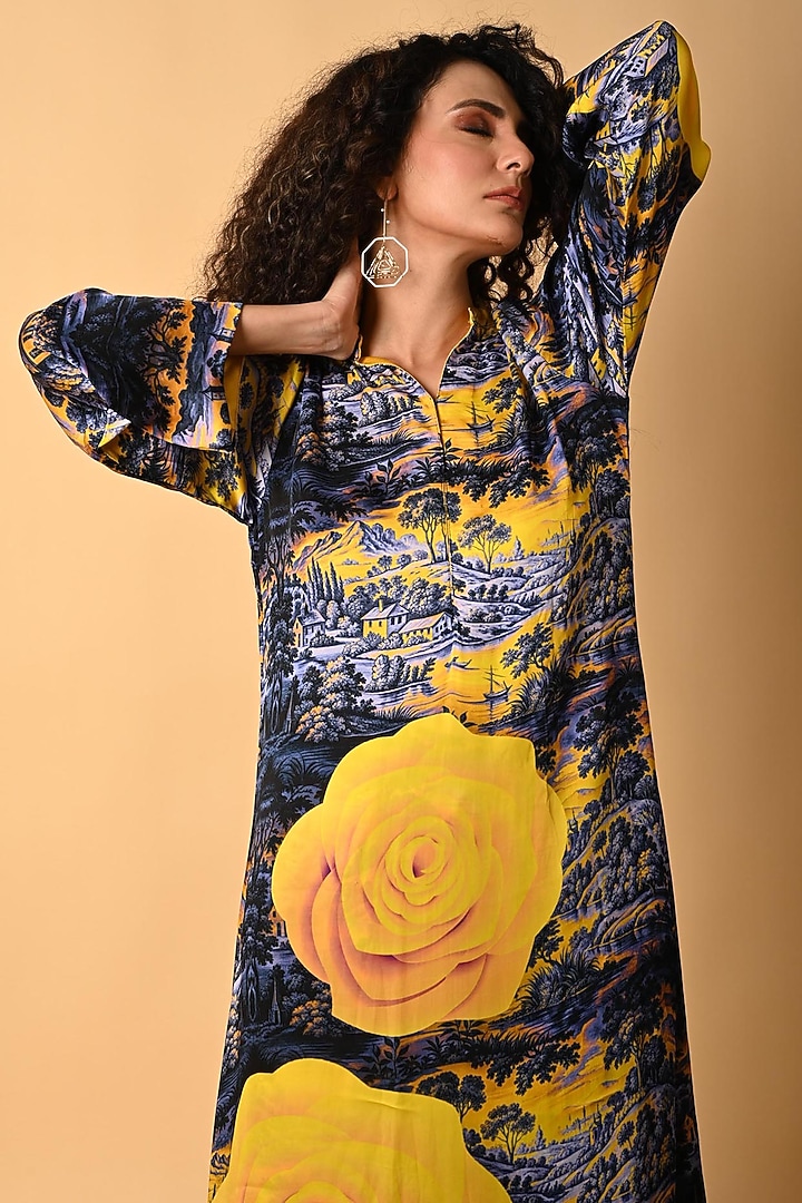 Blue Satin Georgette Digital Printed Kurta Set by Isadaa by Rotna Dutt at Pernia's Pop Up Shop
