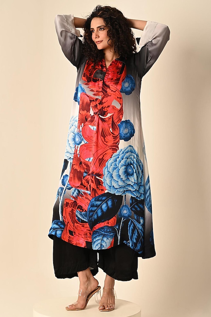 Blue Satin Georgette Digital Printed Kurta Set by Isadaa by Rotna Dutt at Pernia's Pop Up Shop
