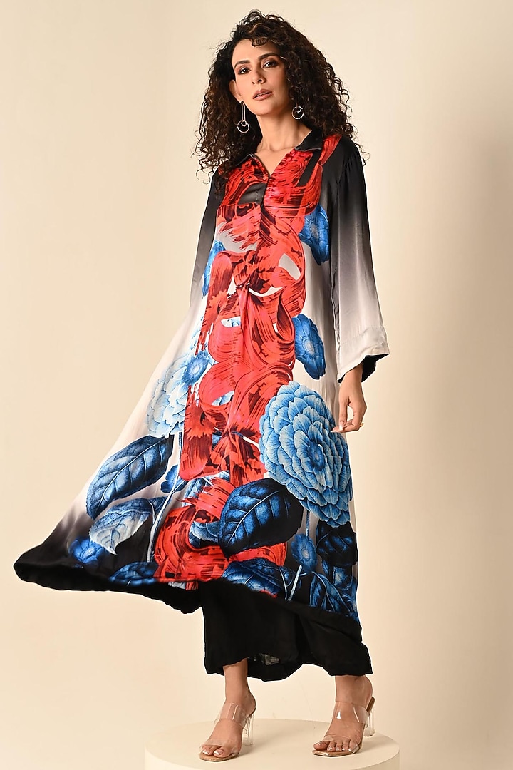 Blue Satin Georgette Digital Printed Kurta Set by Isadaa by Rotna Dutt at Pernia's Pop Up Shop