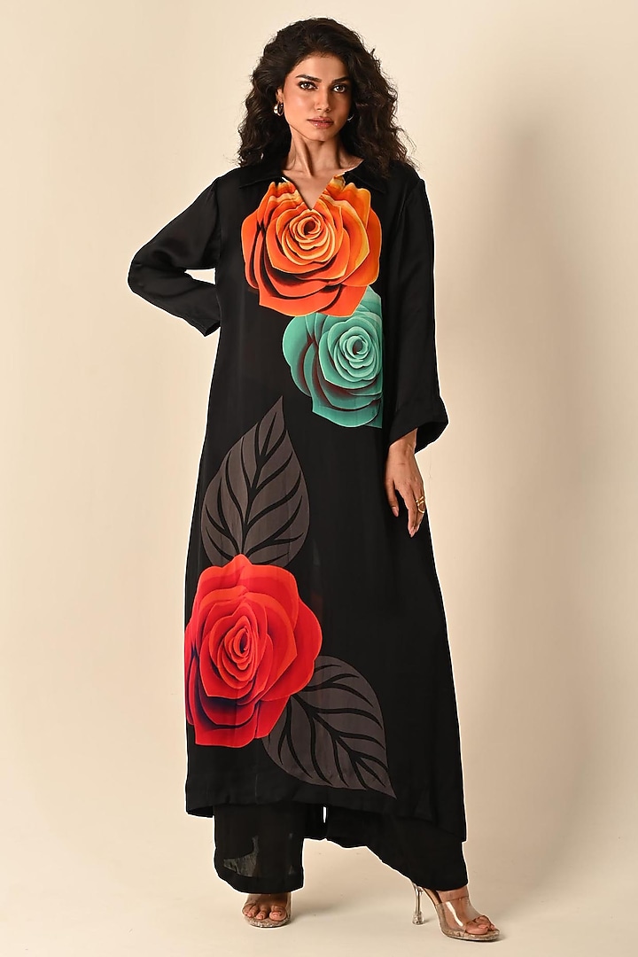 Black Satin Georgette Digital Printed Kurta Set by Isadaa by Rotna Dutt at Pernia's Pop Up Shop