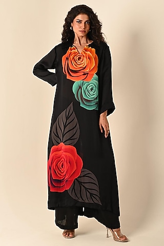 Black Satin Georgette Digital Printed Kurta Set by Isadaa by Rotna Dutt