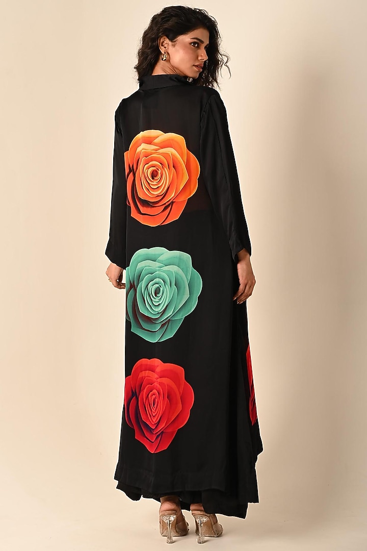 Black Satin Georgette Digital Printed Kurta Set by Isadaa by Rotna Dutt at Pernia's Pop Up Shop