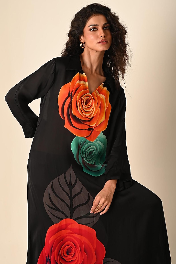 Black Satin Georgette Digital Printed Kurta Set by Isadaa by Rotna Dutt at Pernia's Pop Up Shop