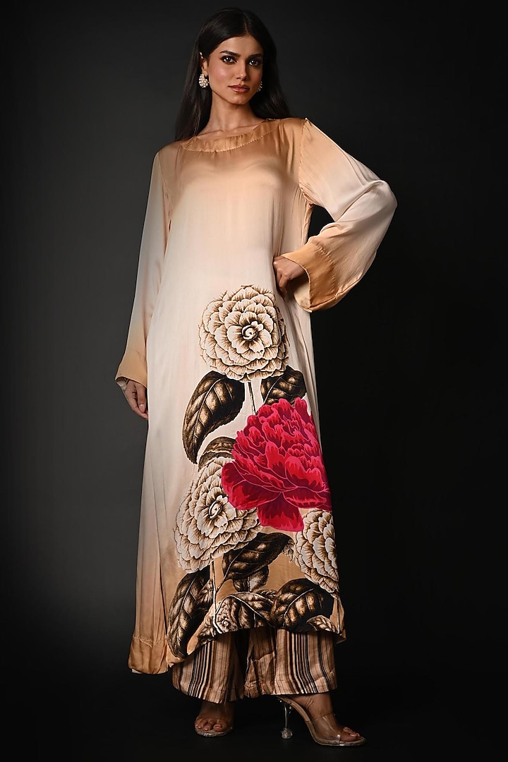 Beige Satin Georgette Digital Printed Kurta Set by Isadaa by Rotna Dutt at Pernia's Pop Up Shop