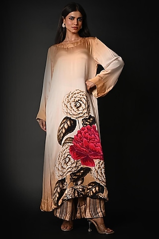 Beige Satin Georgette Digital Printed Kurta Set by Isadaa by Rotna Dutt