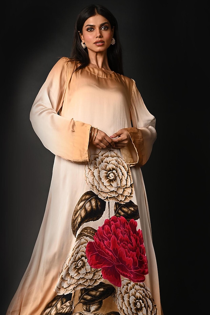 Beige Satin Georgette Digital Printed Kurta Set by Isadaa by Rotna Dutt at Pernia's Pop Up Shop