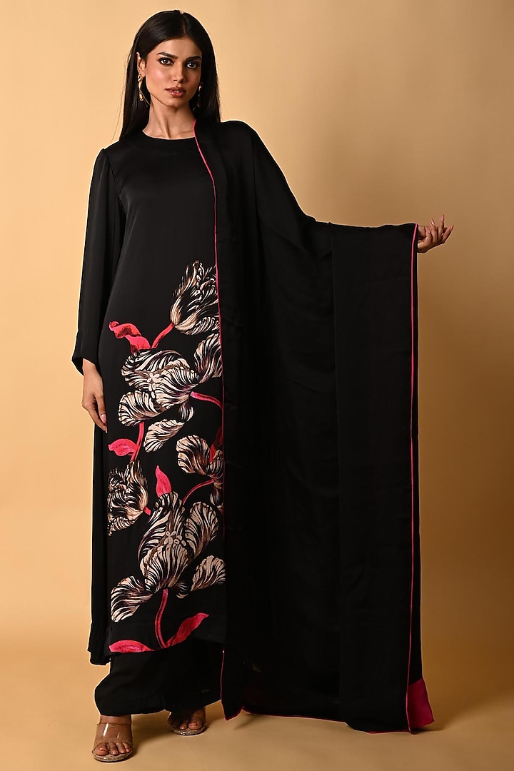 Black Satin Georgette Digital Printed Kurta Set by Isadaa by Rotna Dutt at Pernia's Pop Up Shop