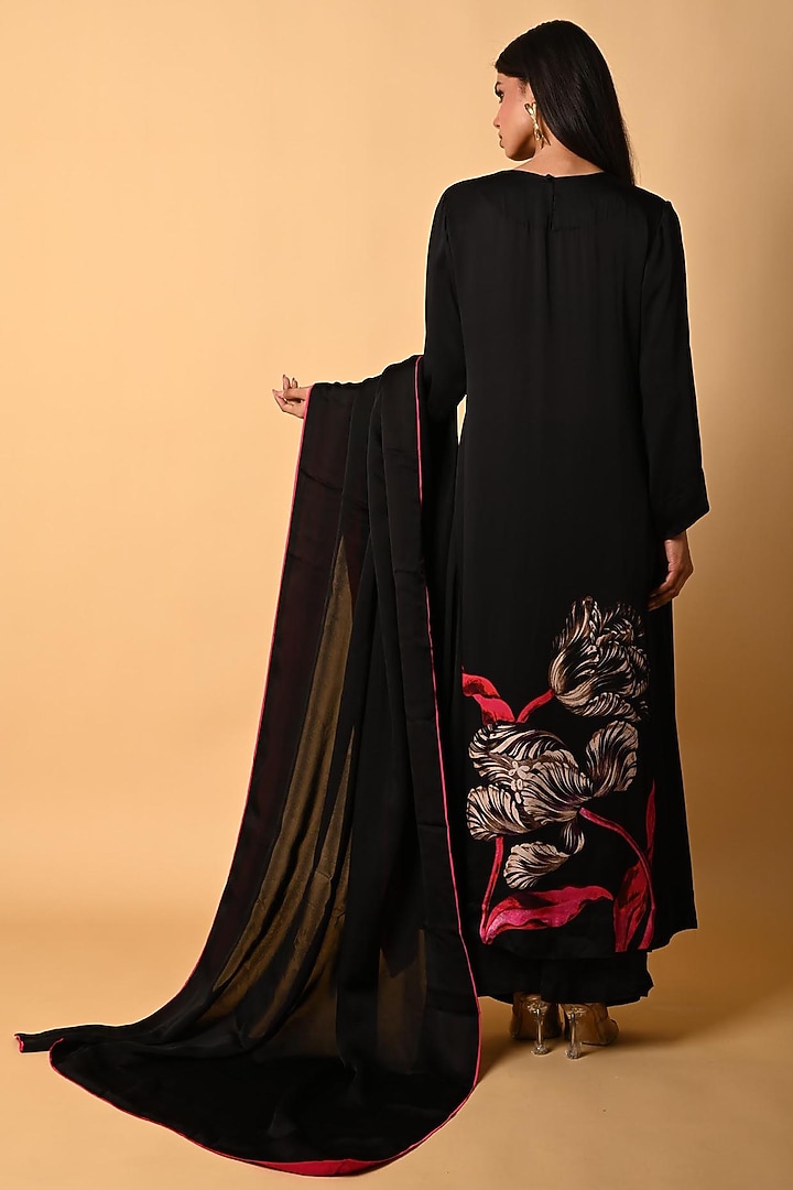 Black Satin Georgette Digital Printed Kurta Set by Isadaa by Rotna Dutt at Pernia's Pop Up Shop