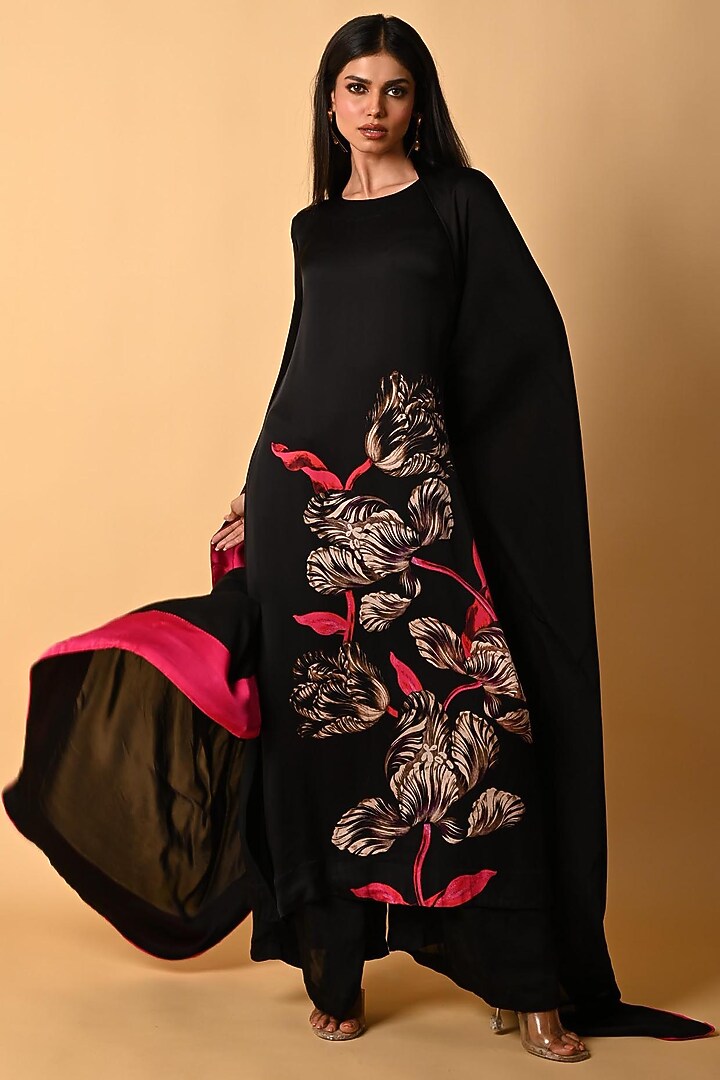 Black Satin Georgette Digital Printed Kurta Set by Isadaa by Rotna Dutt at Pernia's Pop Up Shop