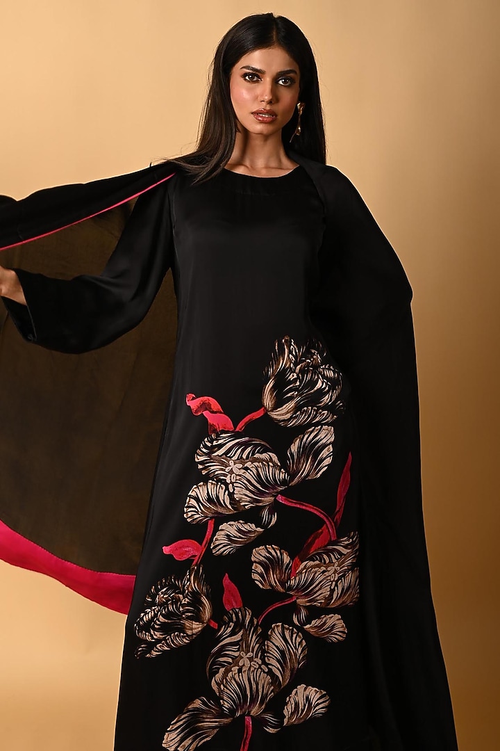 Black Satin Georgette Digital Printed Kurta Set by Isadaa by Rotna Dutt at Pernia's Pop Up Shop