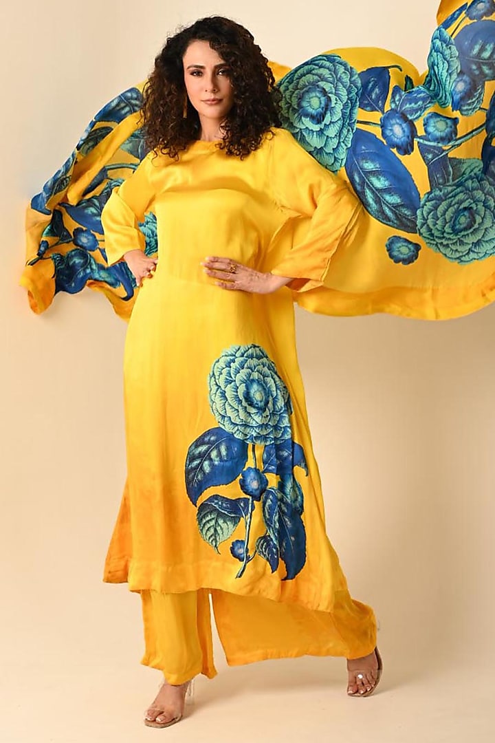Yellow Satin Georgette Digital Printed Kurta Set by Isadaa by Rotna Dutt at Pernia's Pop Up Shop