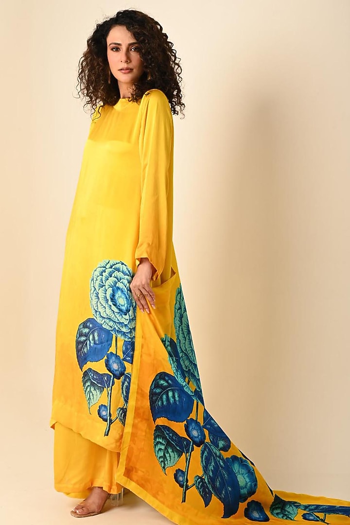 Yellow Satin Georgette Digital Printed Kurta Set by Isadaa by Rotna Dutt at Pernia's Pop Up Shop