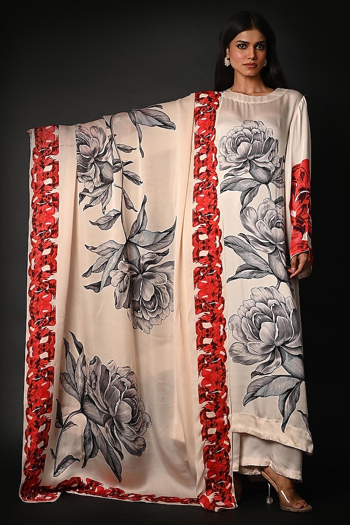 White Satin Georgette Digital Printed Kurta Set by Isadaa by Rotna Dutt at Pernia's Pop Up Shop