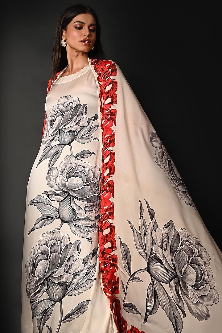 White Satin Georgette Digital Printed Kurta Set by Isadaa by Rotna Dutt at Pernia's Pop Up Shop