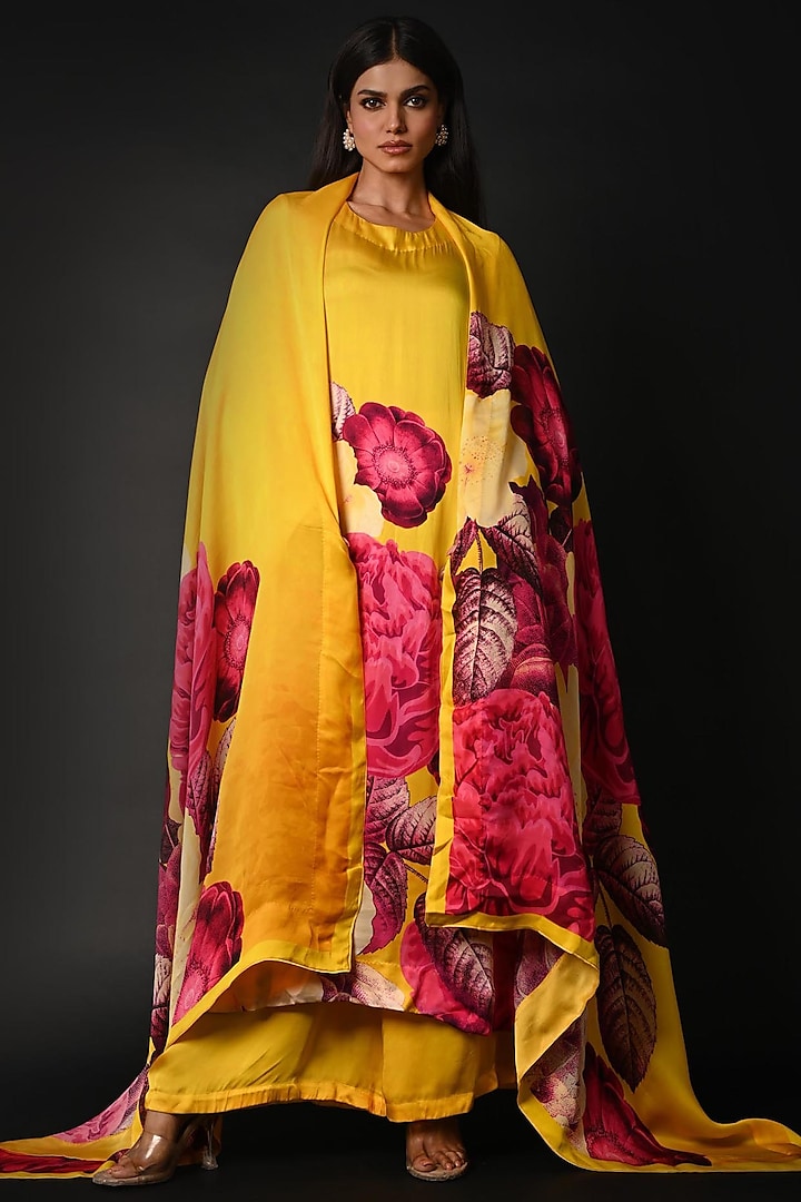 Yellow Satin Georgette Digital Printed Kurta Set by Isadaa by Rotna Dutt at Pernia's Pop Up Shop