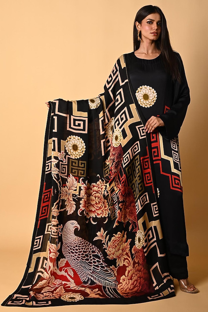 Black Satin Georgette Digital Printed Kurta Set by Isadaa by Rotna Dutt at Pernia's Pop Up Shop