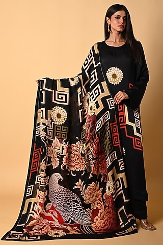 Black Satin Georgette Digital Printed Kurta Set by Isadaa by Rotna Dutt