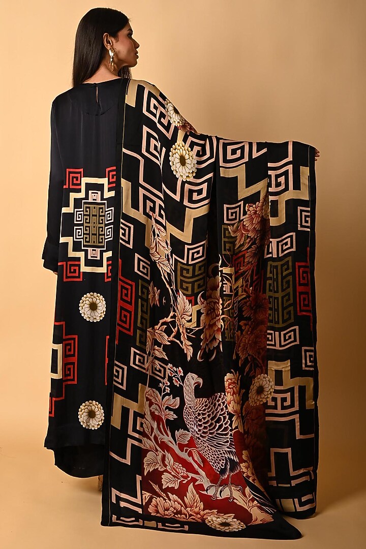 Black Satin Georgette Digital Printed Kurta Set by Isadaa by Rotna Dutt at Pernia's Pop Up Shop