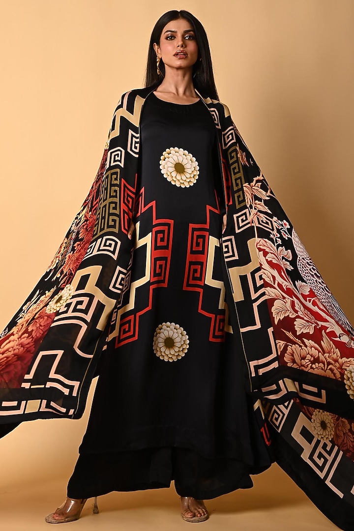 Black Satin Georgette Digital Printed Kurta Set by Isadaa by Rotna Dutt at Pernia's Pop Up Shop