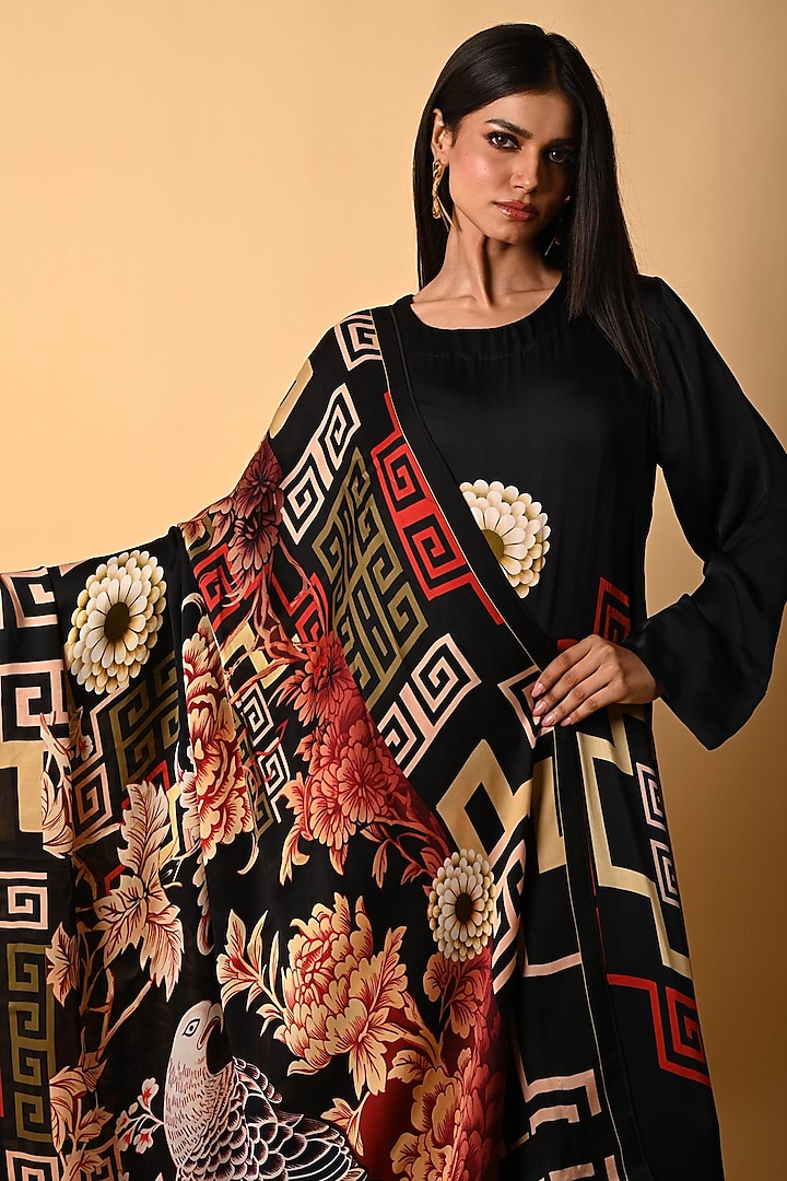 Black Satin Georgette Digital Printed Kurta Set by Isadaa by Rotna Dutt at Pernia's Pop Up Shop