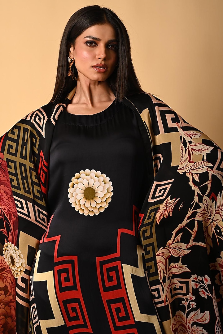 Black Satin Georgette Digital Printed Kurta Set by Isadaa by Rotna Dutt ...