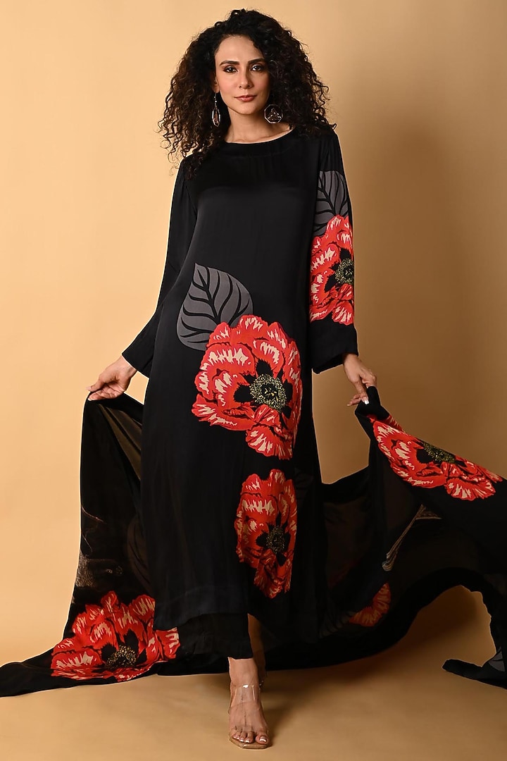 Black Satin Georgette Digital Printed Kurta Set by Isadaa by Rotna Dutt at Pernia's Pop Up Shop