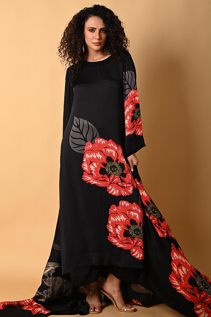 Black Satin Georgette Digital Printed Kurta Set by Isadaa by Rotna Dutt at Pernia's Pop Up Shop