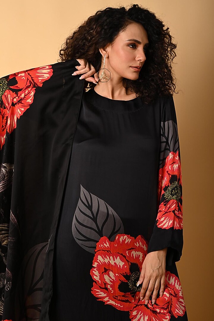 Black Satin Georgette Digital Printed Kurta Set by Isadaa by Rotna Dutt at Pernia's Pop Up Shop