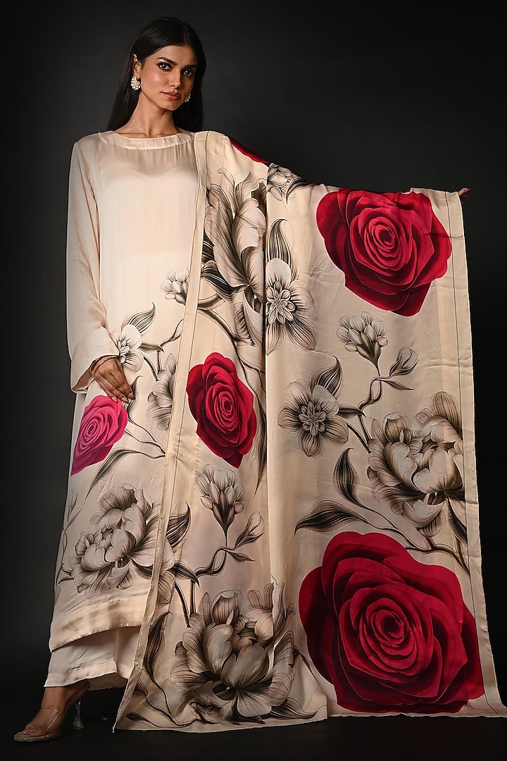 White Satin Georgette Digital Printed Kurta Set by Isadaa by Rotna Dutt at Pernia's Pop Up Shop