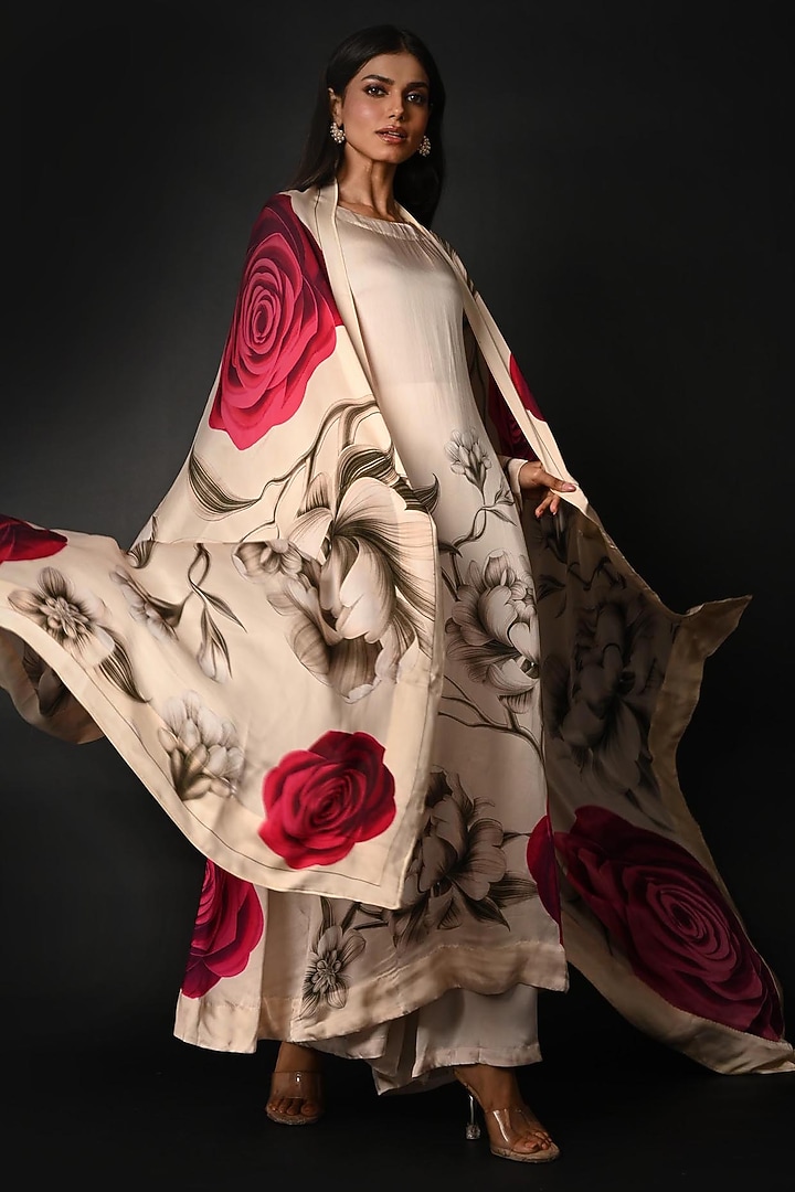 White Satin Georgette Digital Printed Kurta Set by Isadaa by Rotna Dutt at Pernia's Pop Up Shop