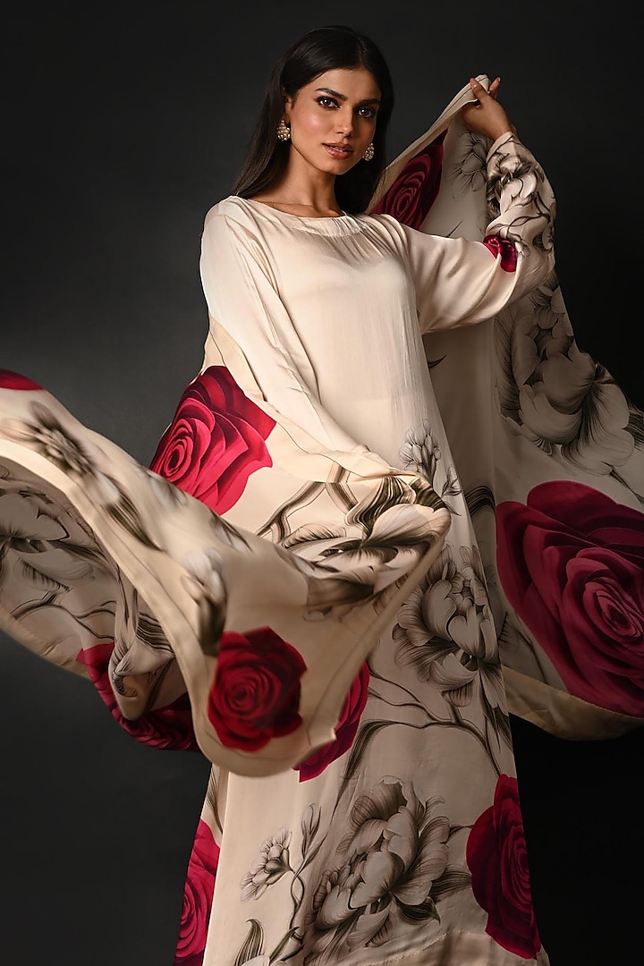 White Satin Georgette Digital Printed Kurta Set by Isadaa by Rotna Dutt at Pernia's Pop Up Shop