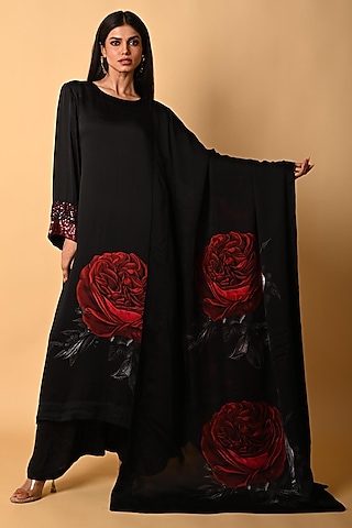 Black Satin Georgette Digital Printed Kurta Set by Isadaa by Rotna Dutt
