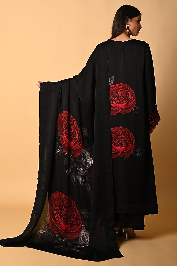 Black Satin Georgette Digital Printed Kurta Set by Isadaa by Rotna Dutt at Pernia's Pop Up Shop