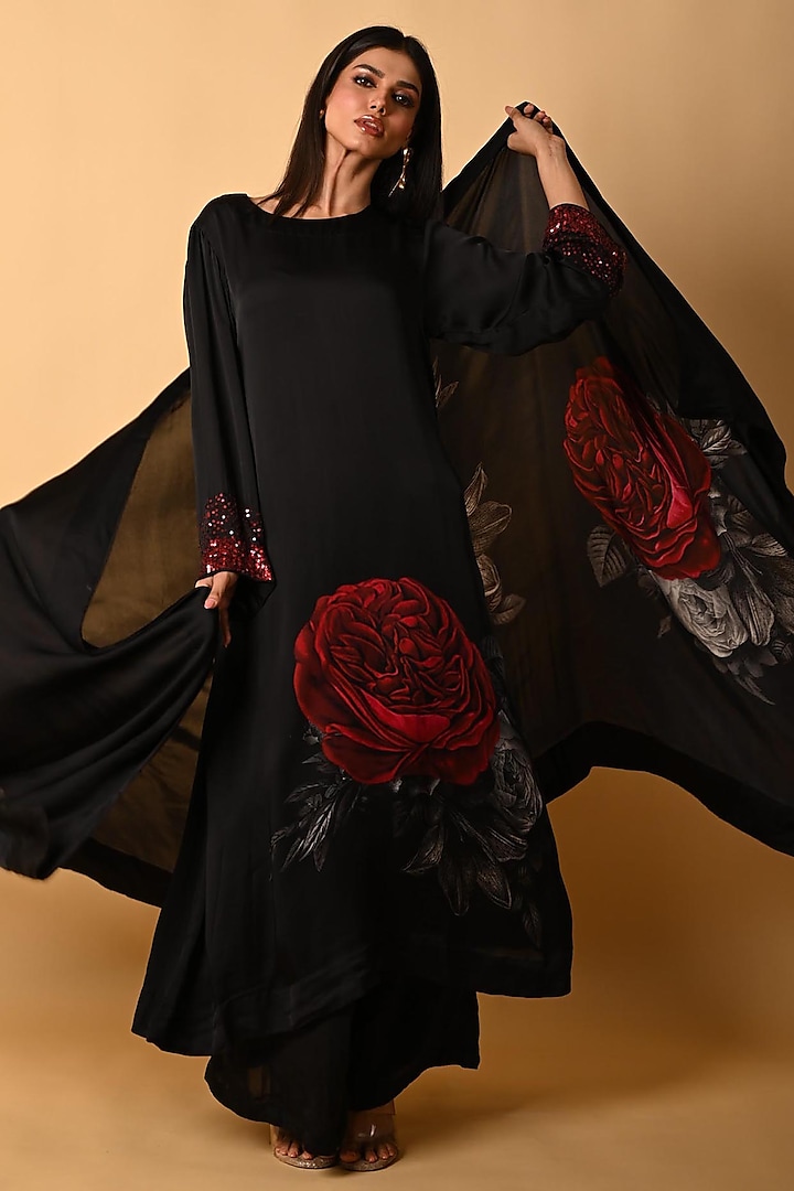 Black Satin Georgette Digital Printed Kurta Set by Isadaa by Rotna Dutt at Pernia's Pop Up Shop