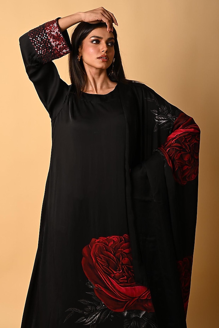 Black Satin Georgette Digital Printed Kurta Set by Isadaa by Rotna Dutt at Pernia's Pop Up Shop