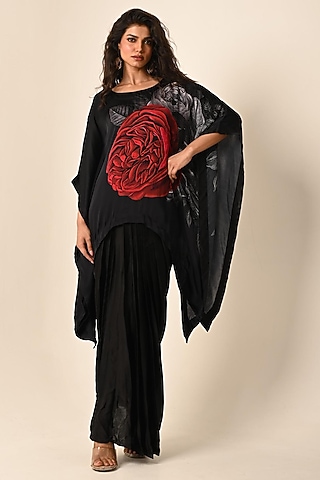 Black Satin Georgette Digital Printed Kaftan Set by Isadaa by Rotna Dutt