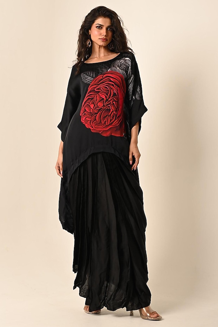 Black Satin Georgette Digital Printed Kaftan Set by Isadaa by Rotna Dutt at Pernia's Pop Up Shop