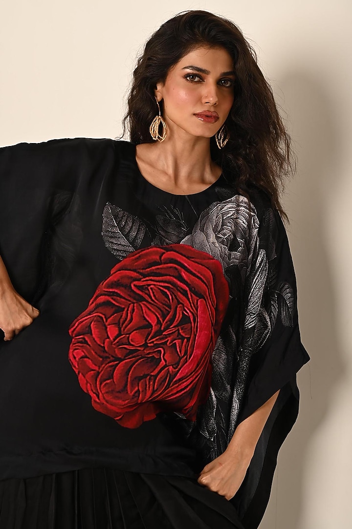Black Satin Georgette Digital Printed Kaftan Set by Isadaa by Rotna Dutt at Pernia's Pop Up Shop