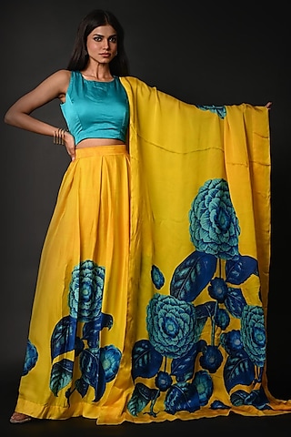 Yellow Satin Georgette Digital Printed Lehenga Set by Isadaa by Rotna Dutt