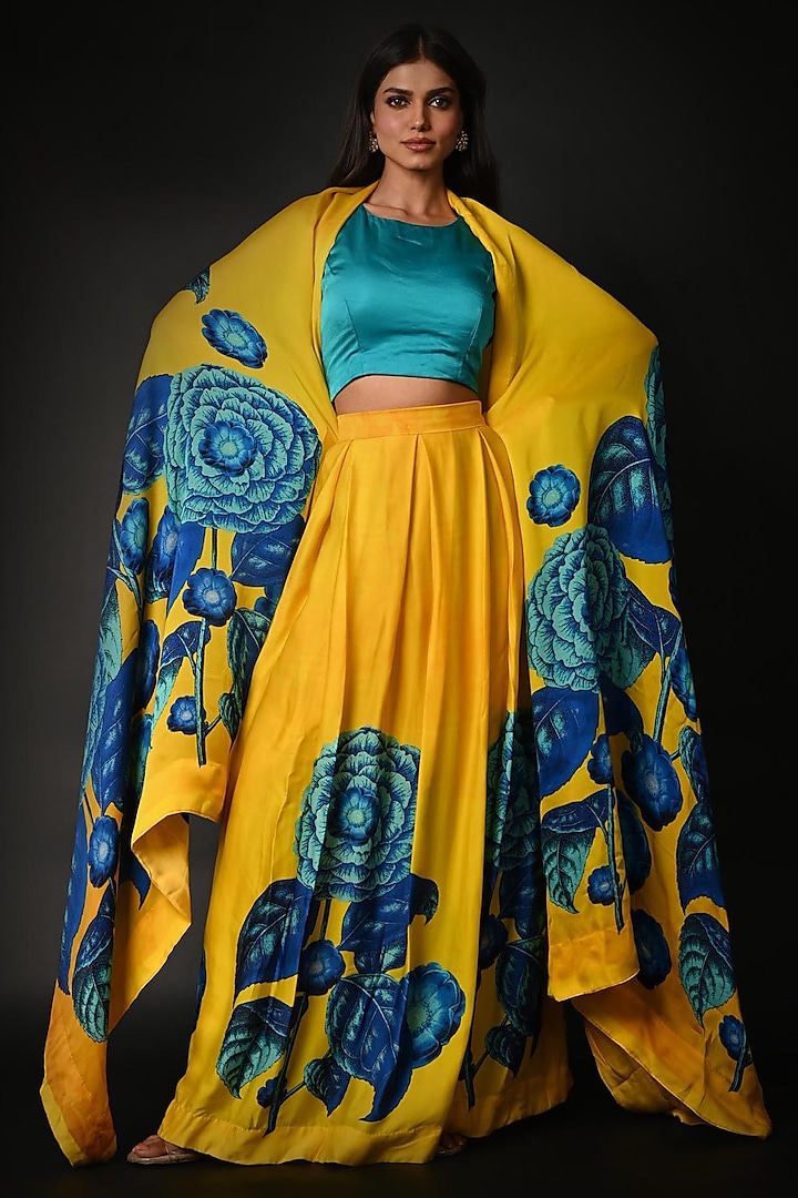 Yellow Satin Georgette Digital Printed Lehenga Set by Isadaa by Rotna Dutt at Pernia's Pop Up Shop