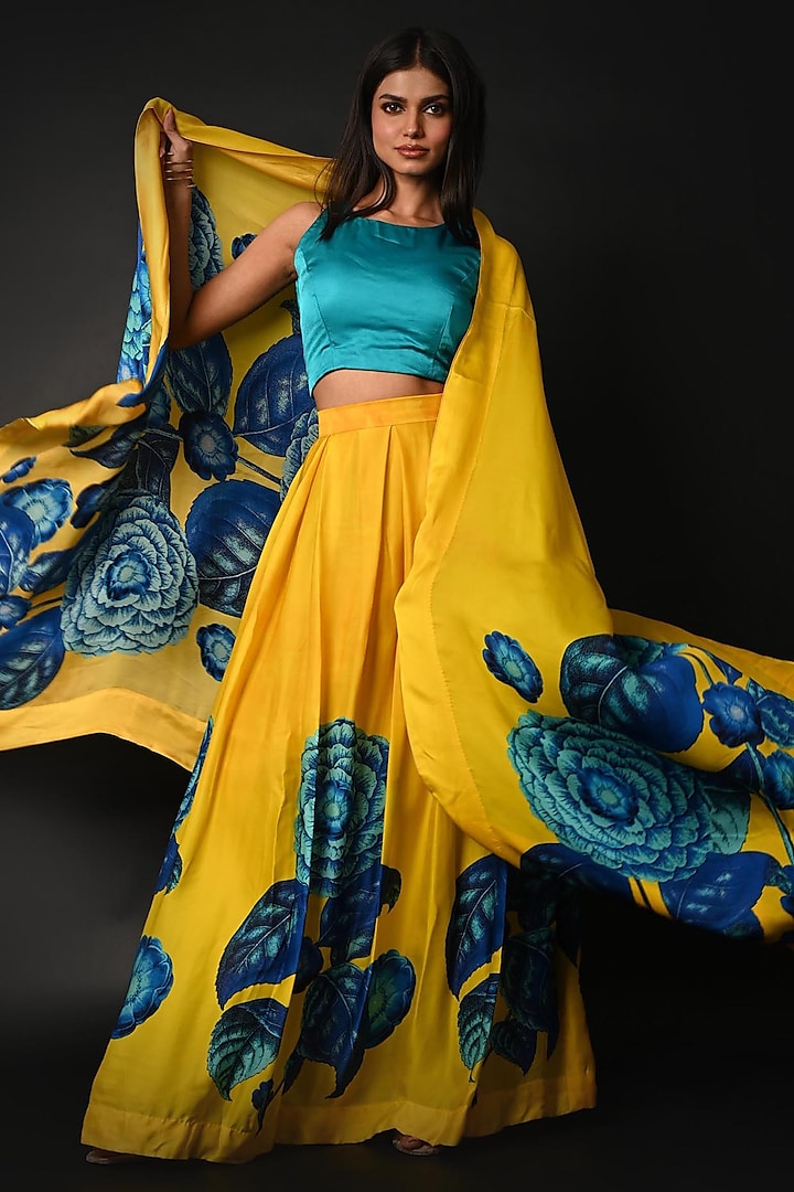 Yellow Satin Georgette Digital Printed Lehenga Set by Isadaa by Rotna Dutt at Pernia's Pop Up Shop