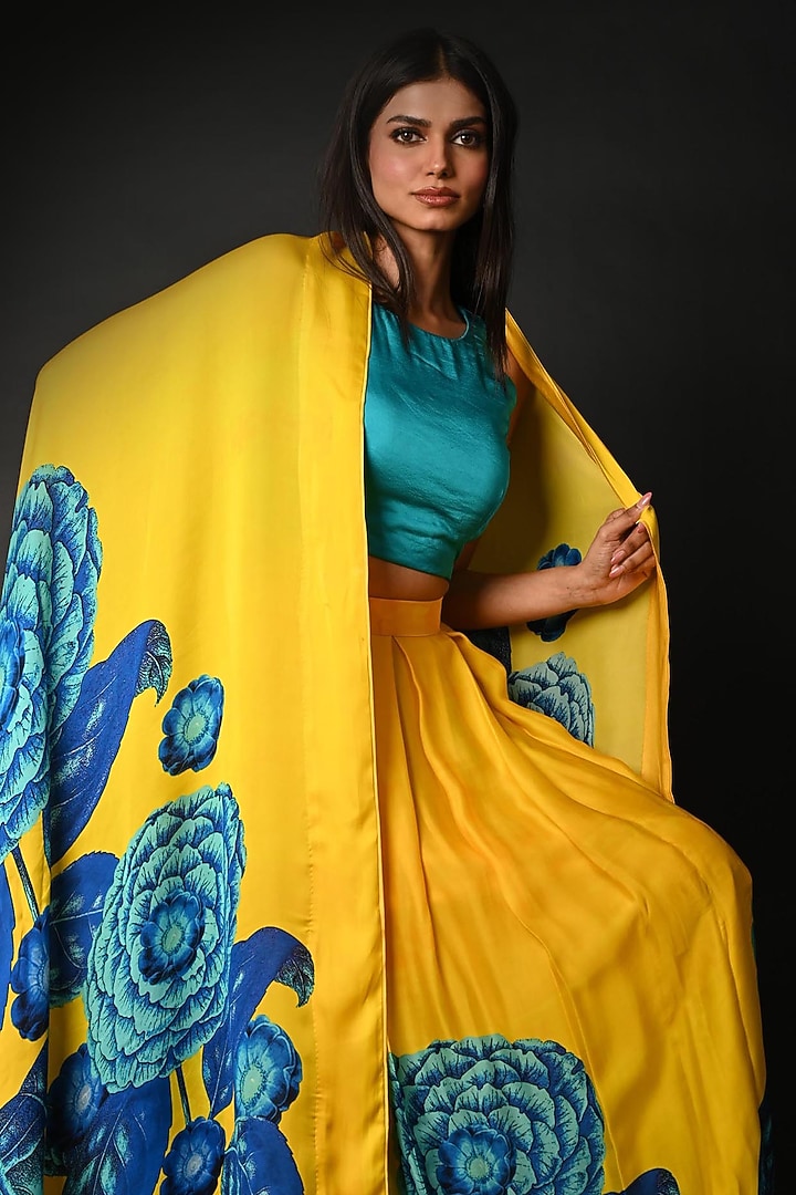 Yellow Satin Georgette Digital Printed Lehenga Set by Isadaa by Rotna Dutt at Pernia's Pop Up Shop