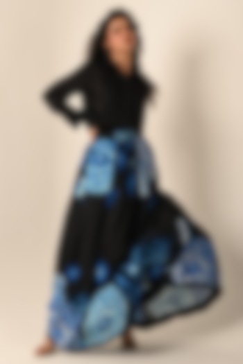 Black Satin Organza Digital Printed Skirt Set by Isadaa by Rotna Dutt at Pernia's Pop Up Shop